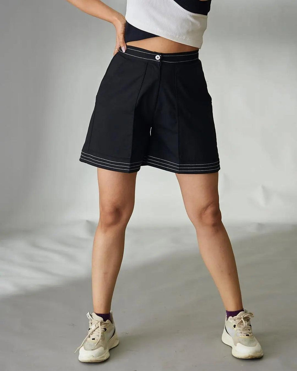 Risate black top stitch shorts for women with stylish design and comfortable fit