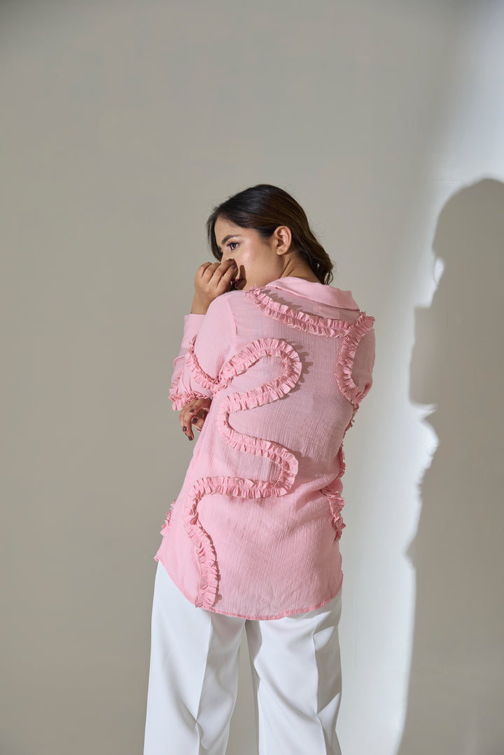 Risate blush pink ruffle linen blend shirt featuring a stylish ruffled design on a lightweight fabric