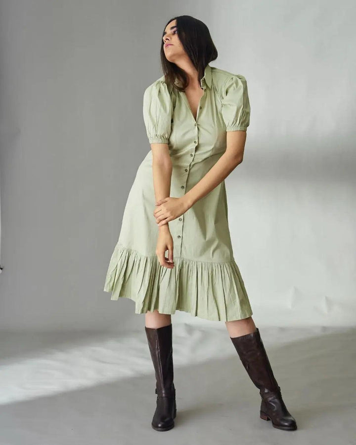 Risate button down shirt midi dress in light green with puff sleeves and a flared hem