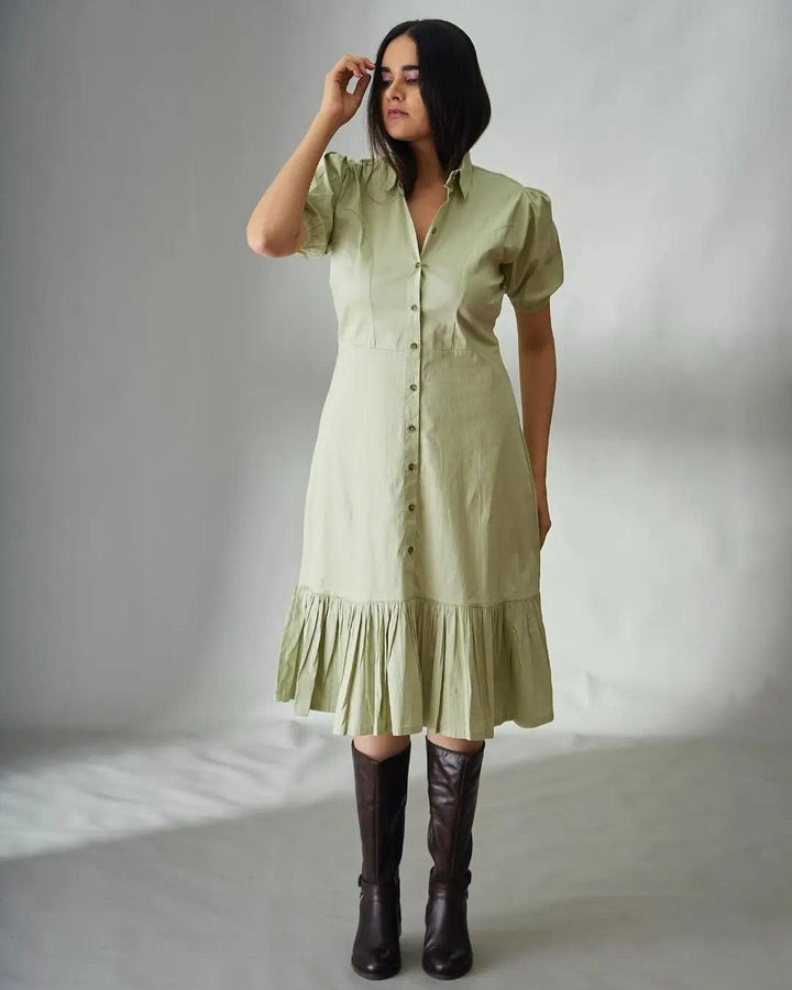 Risate button down shirt midi dress in light green with puff sleeves and tiered hem