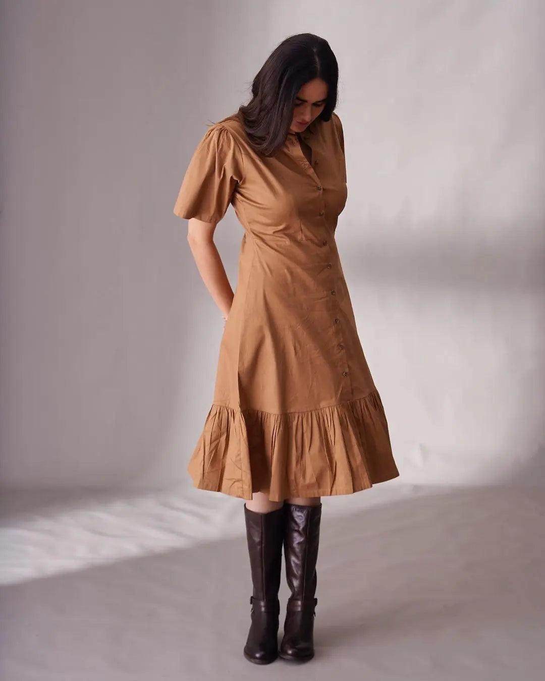 Risate button down shirt midi dress in brown with flutter sleeves and a tiered hem