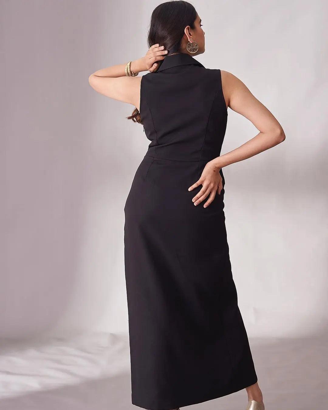 Back view of the Risate Caroline wrap dress for women in sleek black, showcasing its elegant design