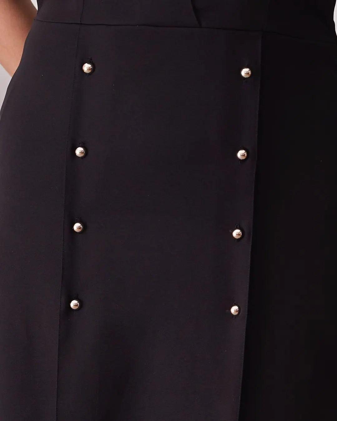 Close-up of the Risate Caroline wrap dress for women featuring elegant pearl-button detailing