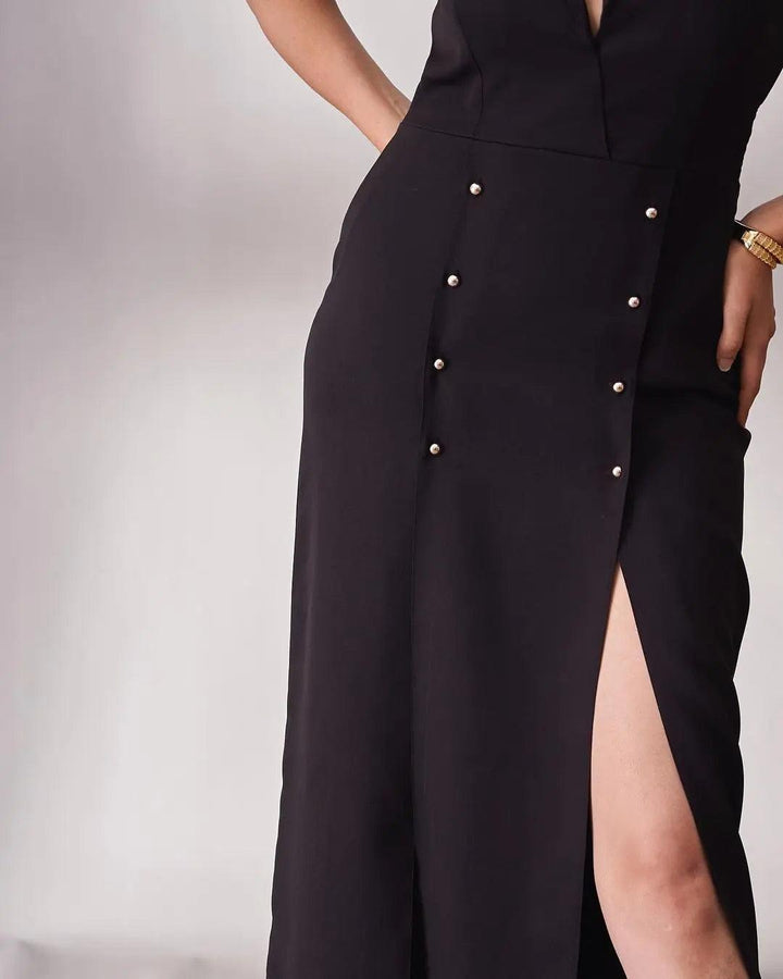 Elegant Risate Caroline wrap dress for women with a high slit and stylish button detail