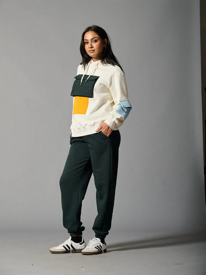 Risate color block hoodie for women in cream, green, and orange with matching sweatpants