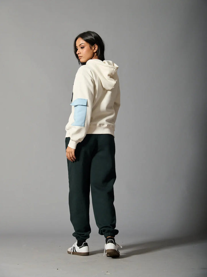 Risate color block hoodie for women in cream and blue with stylish design and relaxed fit