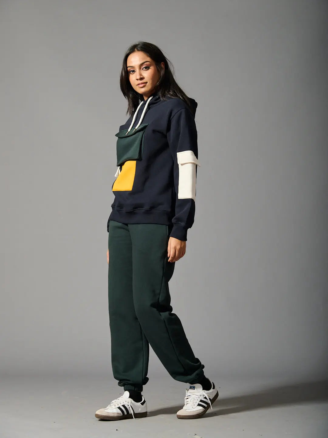 Risate color block hoodie for women featuring unique patterns and comfortable fit, paired with matching joggers