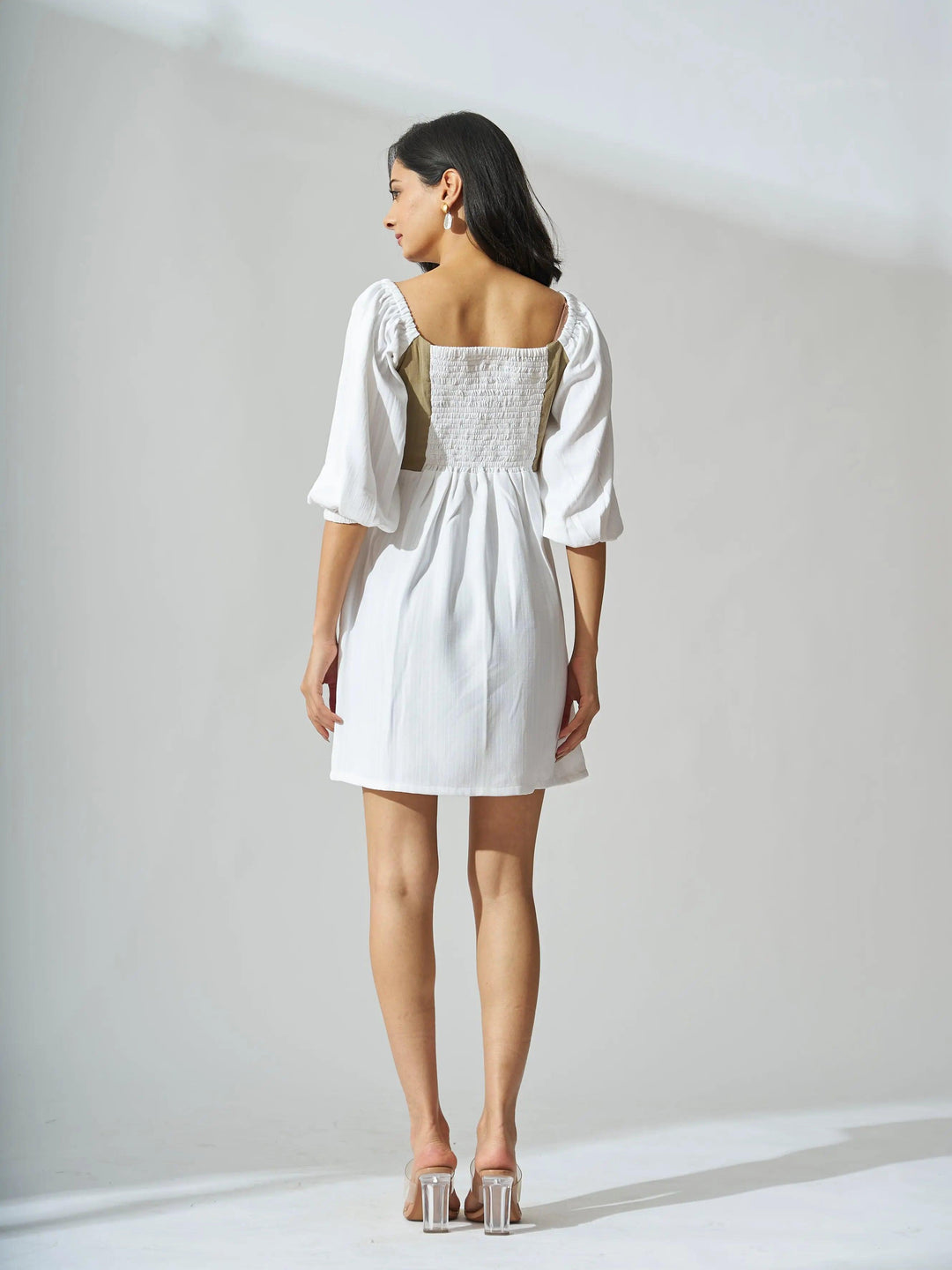 Risate colorblock mini dress for women featuring a stylish back design and puff sleeves