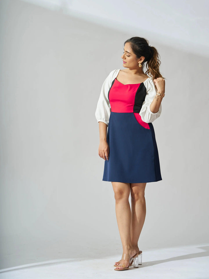 Risate Colorblock Mini Dress for Women in Pink, Black, and Navy with Puff Sleeves