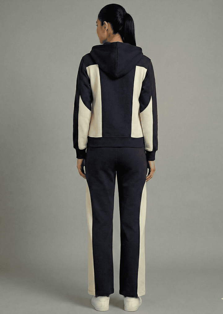 Back view of Risate contrast panel fleece coord set featuring a hoodie and matching pants