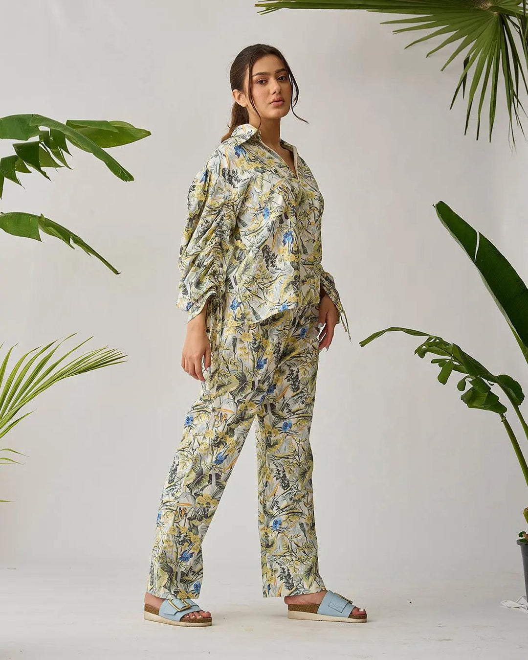 Risate cotton bed linen set in tropical print featuring a button-up top and matching pants