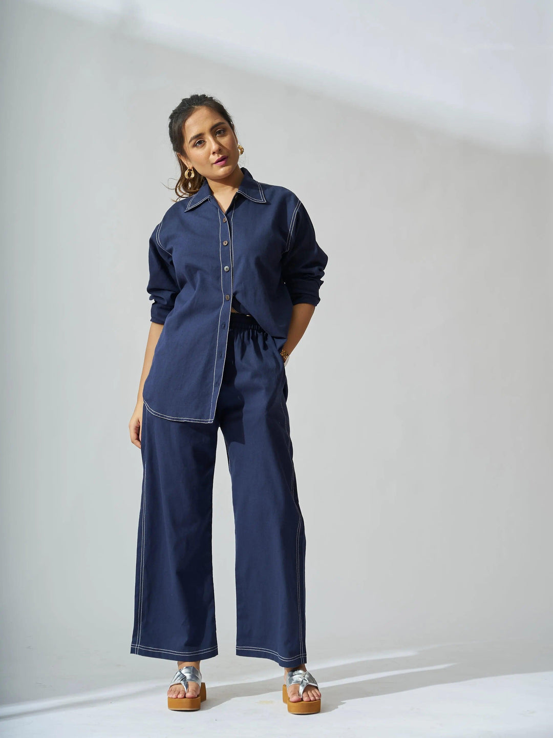 Navy Risate cotton linen coord set for women featuring a stylish button-up shirt and wide-leg pants