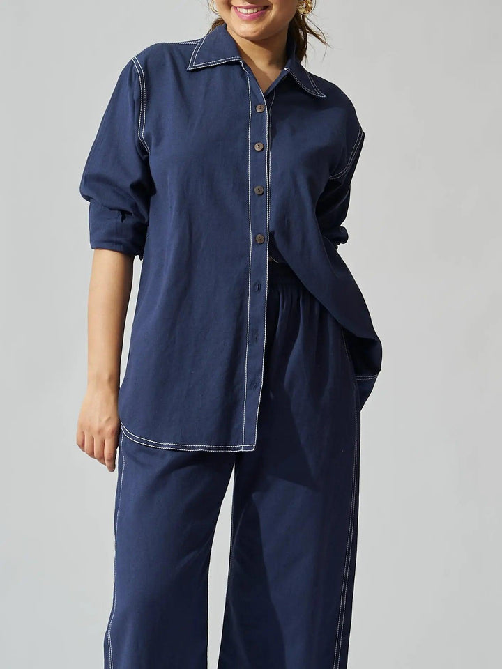Risate Cotton linen coord set for women featuring a stylish shirt and wide-leg pants in navy blue
