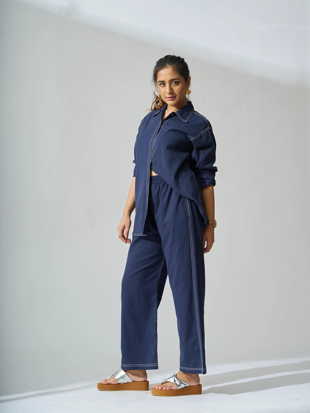 Stylish navy cotton linen coord set for women featuring a cropped shirt and relaxed pants