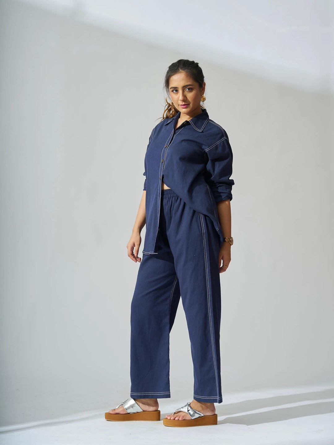 Stylish navy cotton linen coord set for women featuring a cropped shirt and relaxed pants