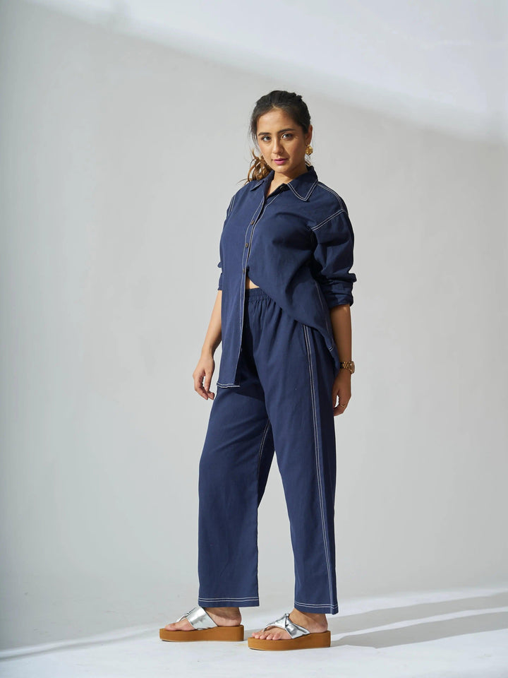 Stylish navy cotton linen coord set for women featuring a cropped shirt and relaxed pants