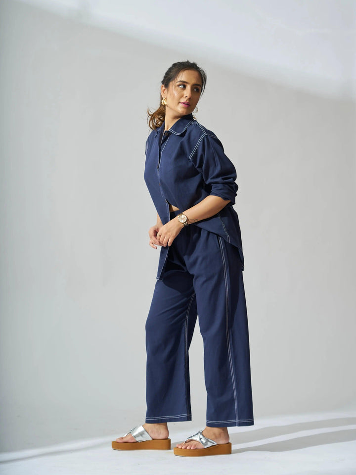 Navy Risate cotton linen coord set for women featuring a relaxed jacket and wide-leg pants