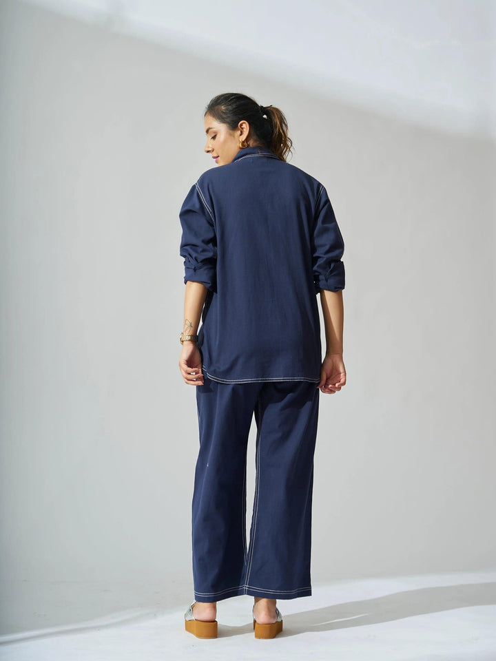Back view of a Risate cotton linen coord set for women in navy blue with relaxed fit and stylish design