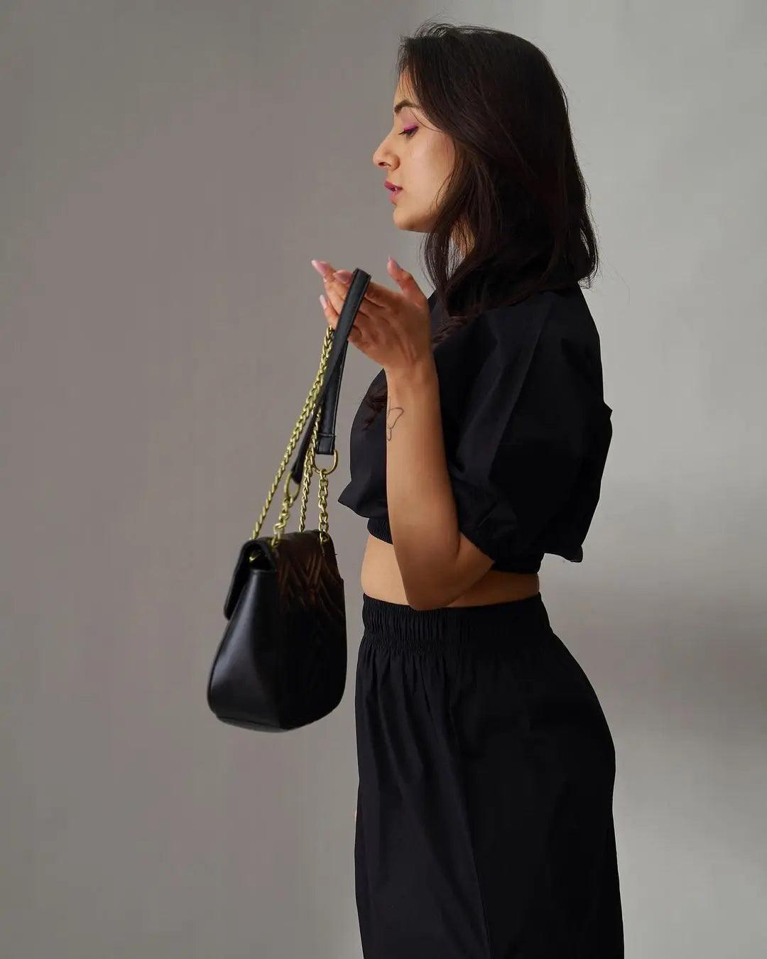 Elegant black cotton poplin co-ord set for women featuring a cropped top and high-waisted pants
