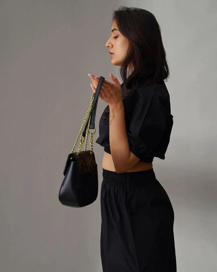 Elegant black cotton poplin co-ord set for women featuring a cropped top and high-waisted pants