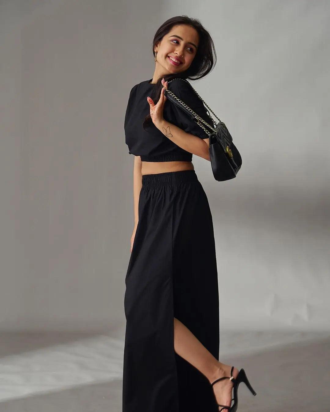 Stylish black Risate cotton poplin co-ord set for women featuring a cropped top and wide-leg pants