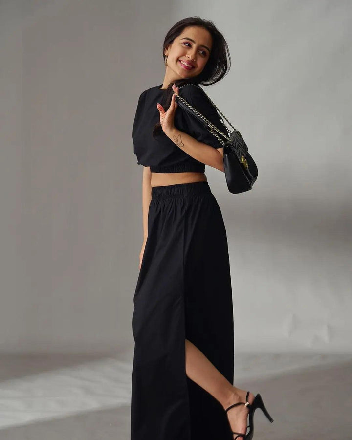 Stylish black Risate cotton poplin co-ord set for women featuring a cropped top and wide-leg pants