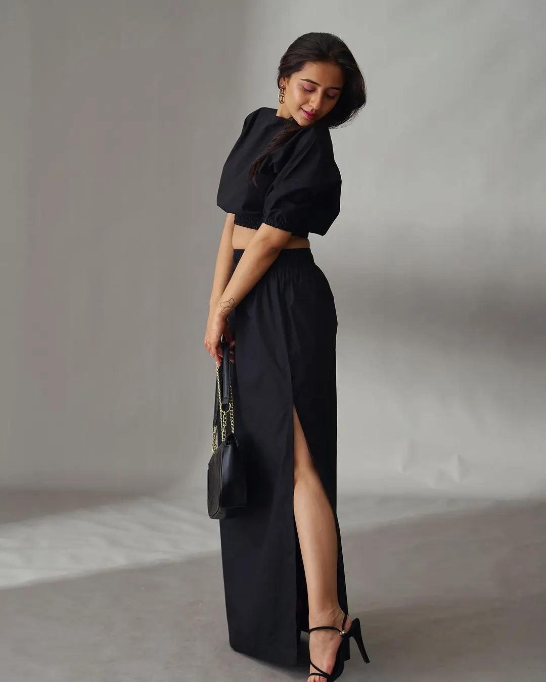 Stylish black cotton poplin co-ord set for women, featuring a cropped top and long skirt with a thigh slit