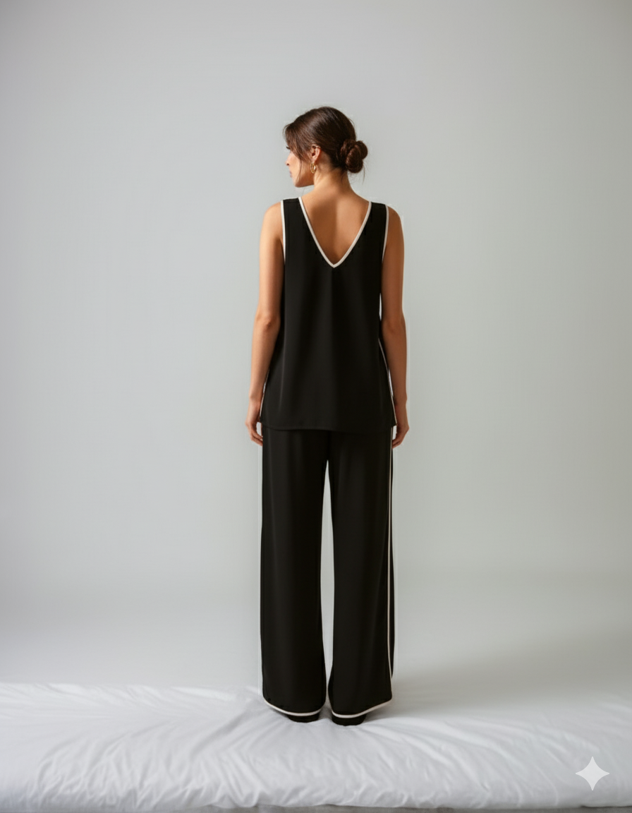 Risate cotton poplin loungewear set featuring a black top and wide-leg pants for comfortable relaxation