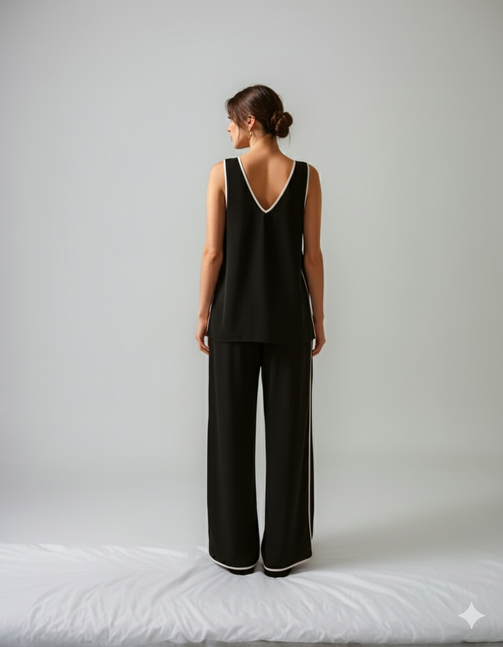 Risate cotton poplin loungewear set featuring a black top and wide-leg pants for comfortable relaxation