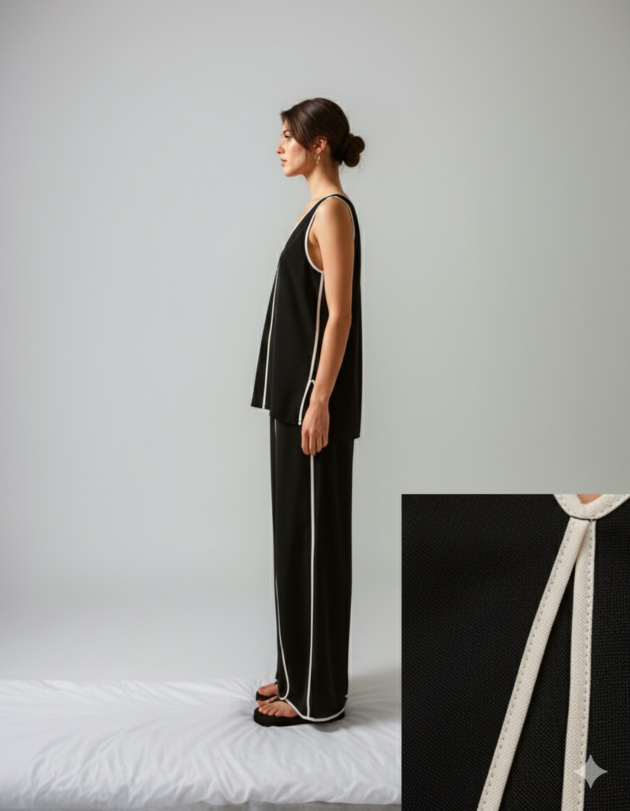 Risate cotton poplin loungewear set in black with contrasting white trim for comfortable lounging