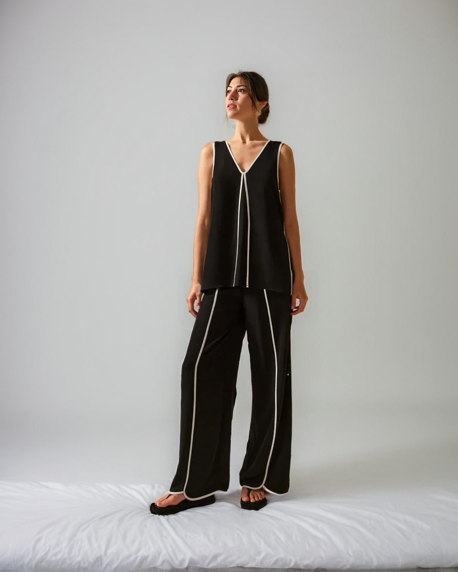 Risate cotton poplin loungewear set featuring a sleeveless top and wide-leg pants in black