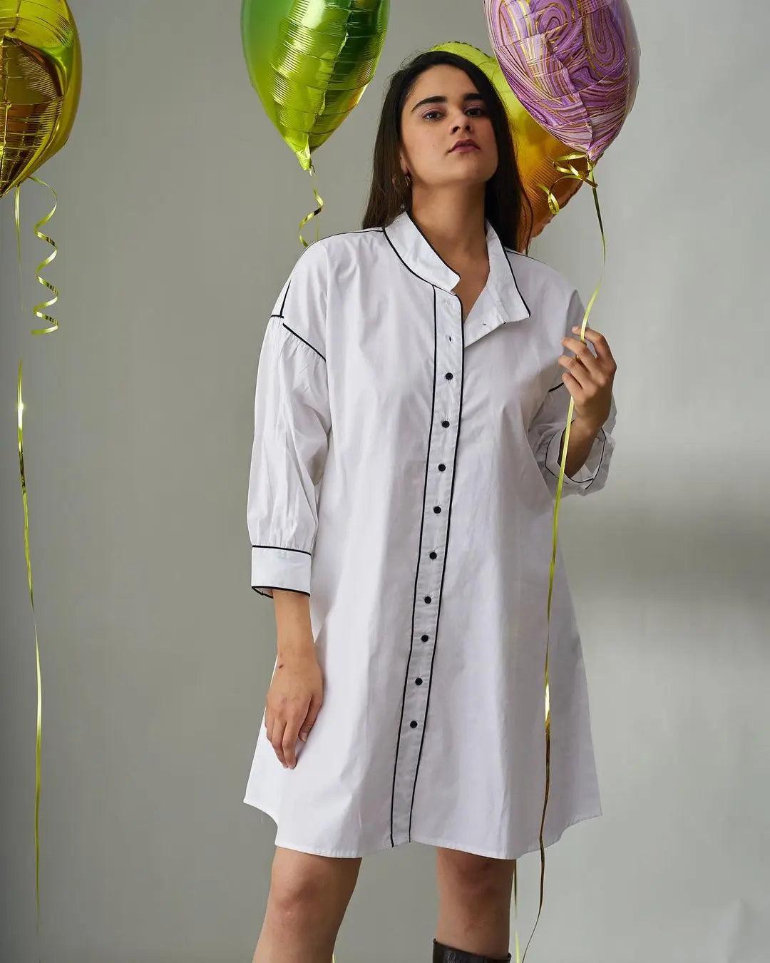 Risate cotton poplin shirt dress for women featuring a relaxed fit and contrast piping detail