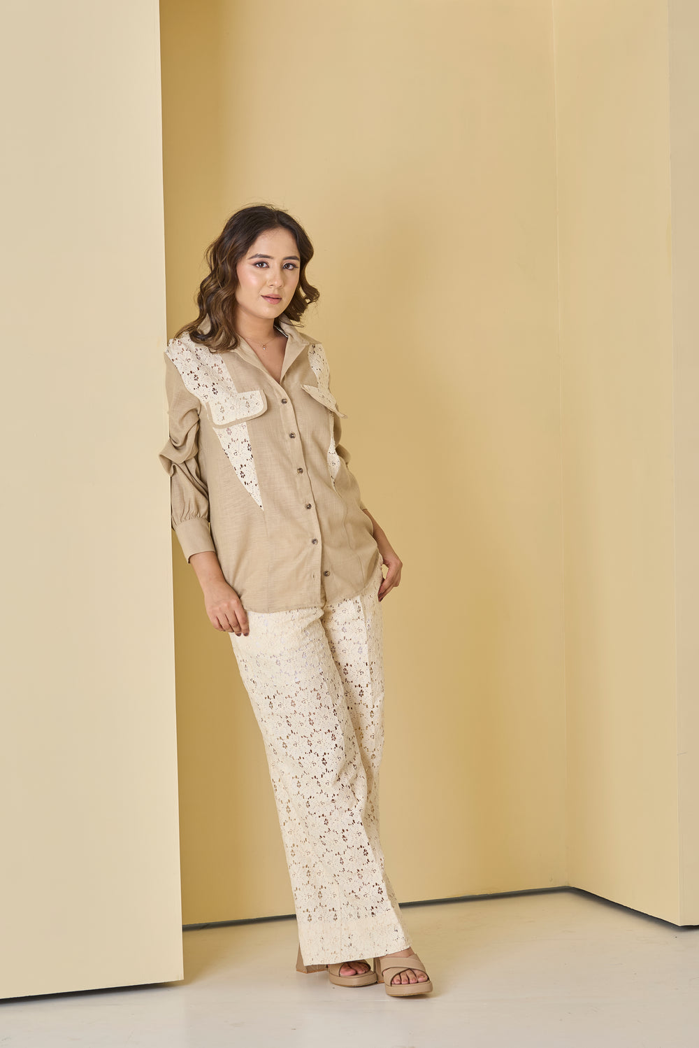 Risate crochet co-ord set for women featuring a stylish button-up top and matching patterned pants