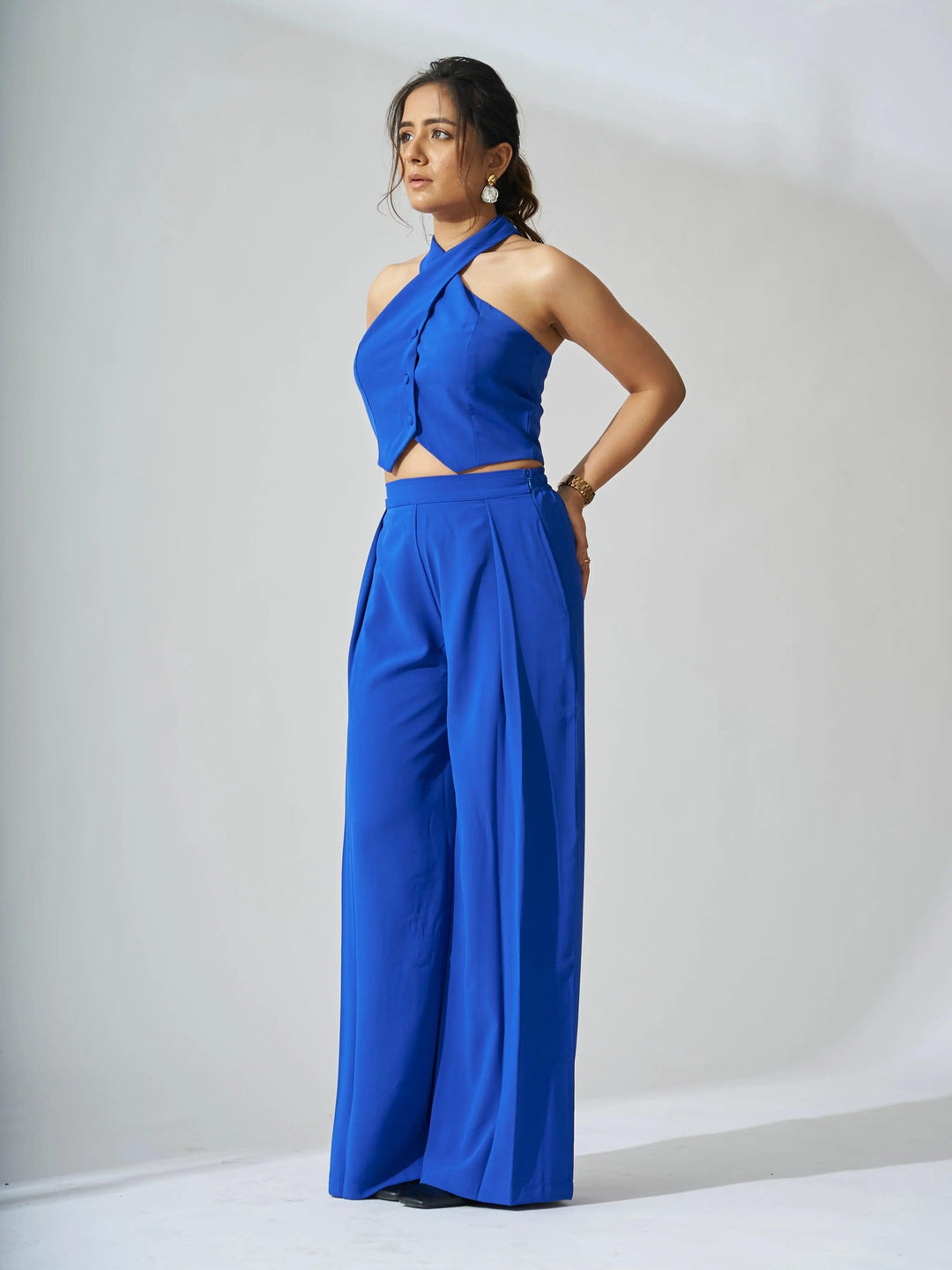 Risate cross neck cropped waistcoat set in bright blue with wide-leg pants for stylish occasions