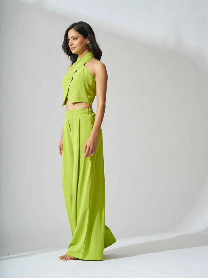 Risate cross neck cropped waistcoat set in vibrant green with wide-leg pants and stylish top