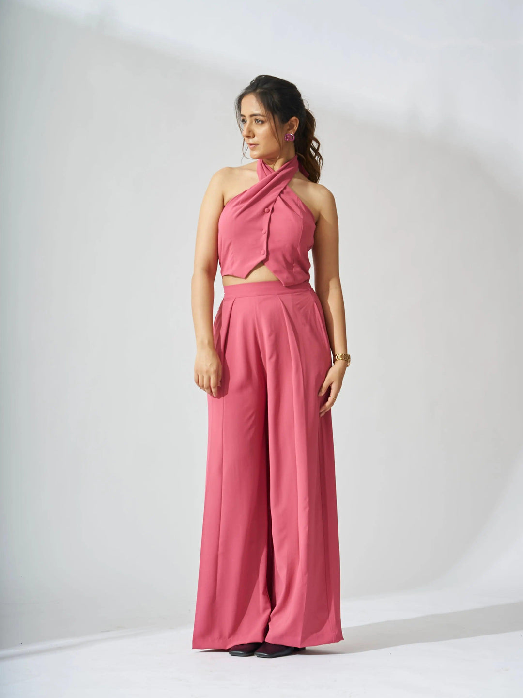 Risate cross neck cropped waistcoat set in pink with wide-leg pants and halter top design