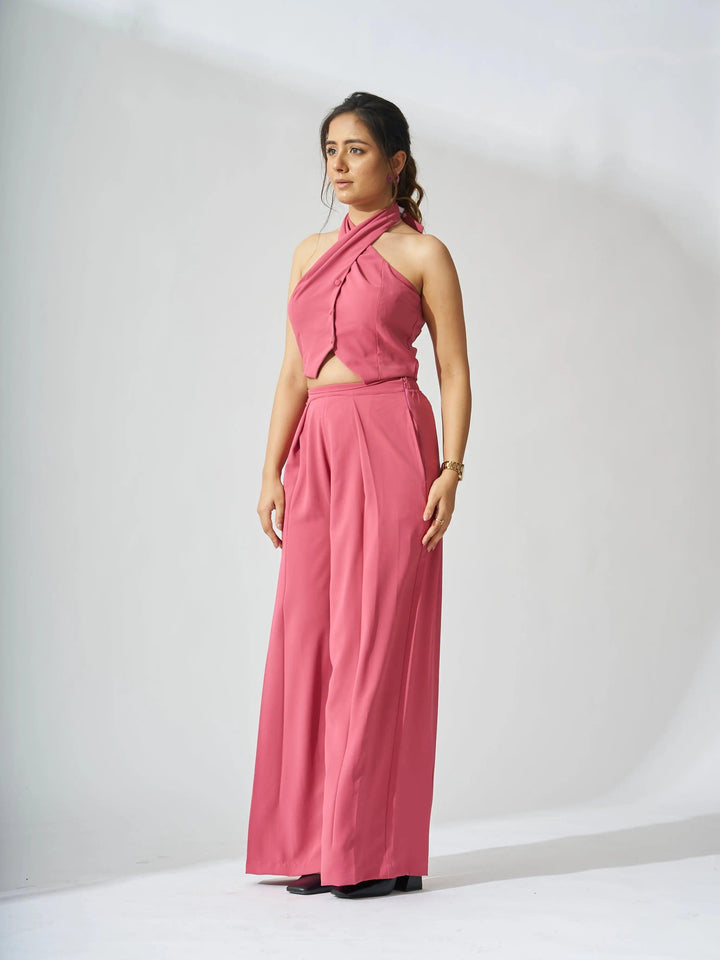 Risate cross neck cropped waistcoat set in pink with stylish wide leg trousers
