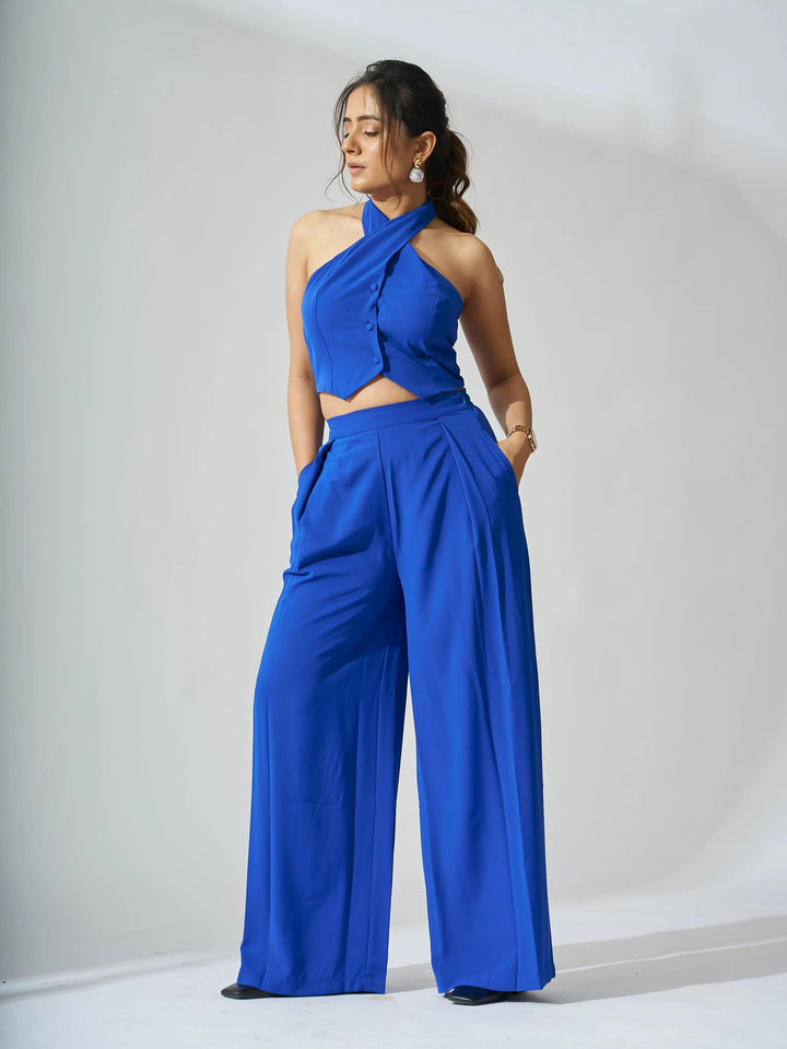 Risate cross neck cropped waistcoat set in vibrant blue with wide-leg pants for a stylish look
