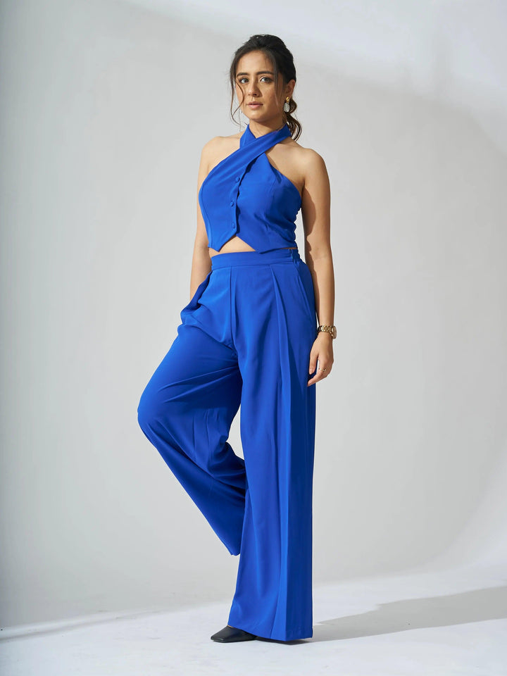 Risate cross neck cropped waistcoat set in vibrant blue featuring a stylish cropped top and wide-leg pants
