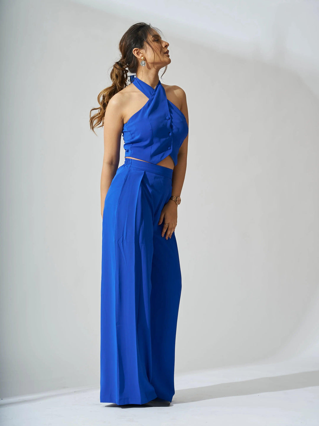 Elegant blue cross neck cropped waistcoat set featuring a stylish halter top and tailored pants