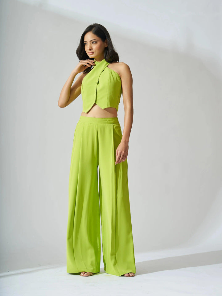 Risate cross neck cropped waistcoat set in vibrant green with wide-leg trousers