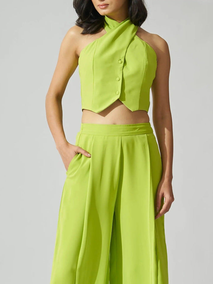 Risate cross neck cropped waistcoat set in vibrant lime green with wide-leg trousers