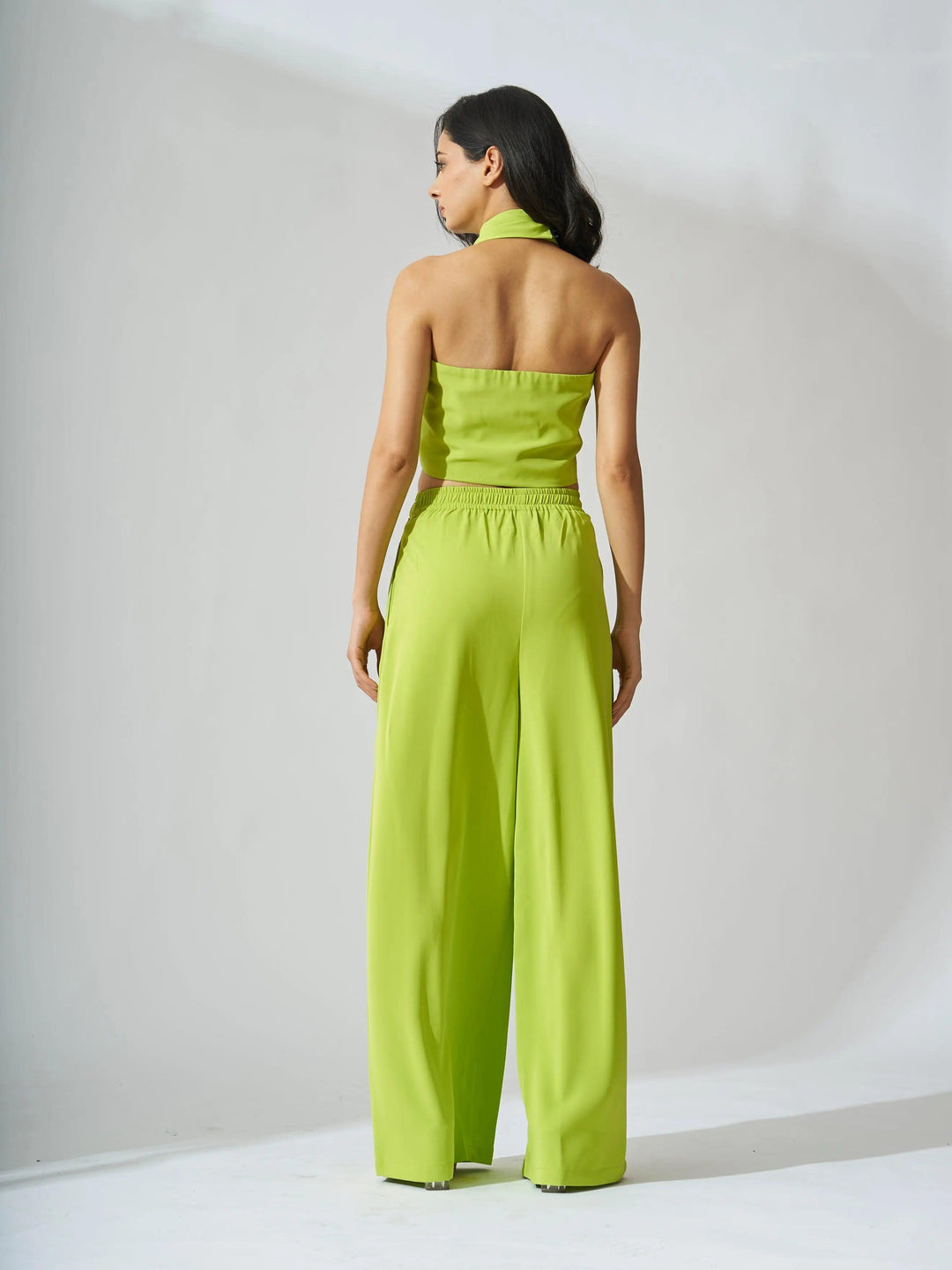 Risate cross neck cropped waistcoat set in vibrant green with wide leg pants for a stylish summer look