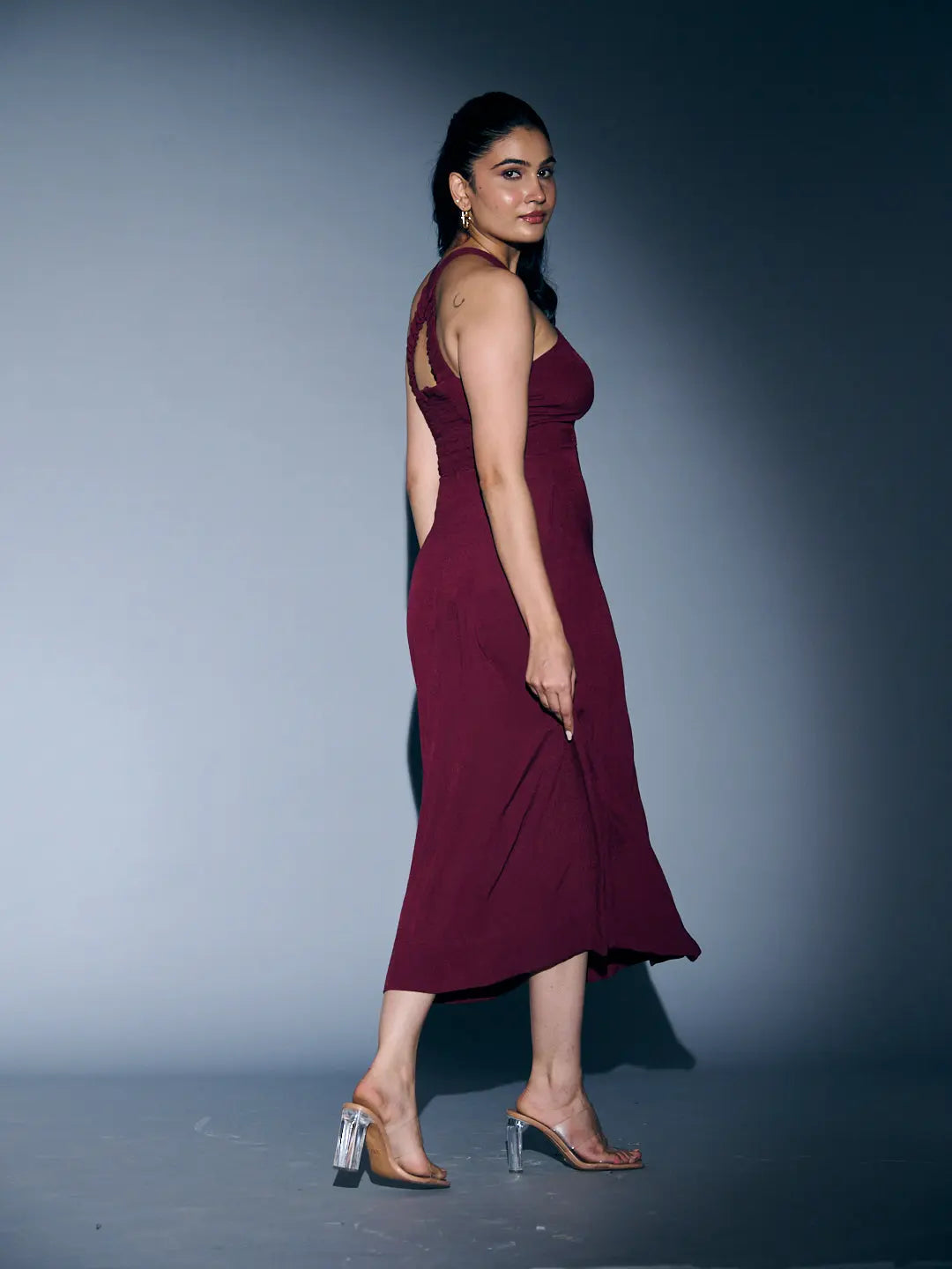 Risate crossneck crepe maxi dress in burgundy, featuring a stylish cut and sleek silhouette