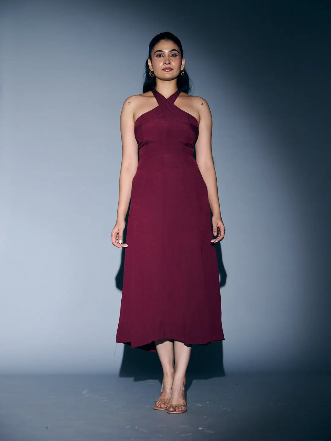 Risate crossneck crepe maxi dress in burgundy with a stylish halter design for elegant occasions