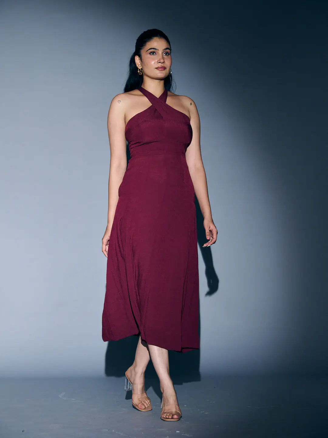Risate crossneck crepe maxi dress in burgundy, perfect for elegant evening events