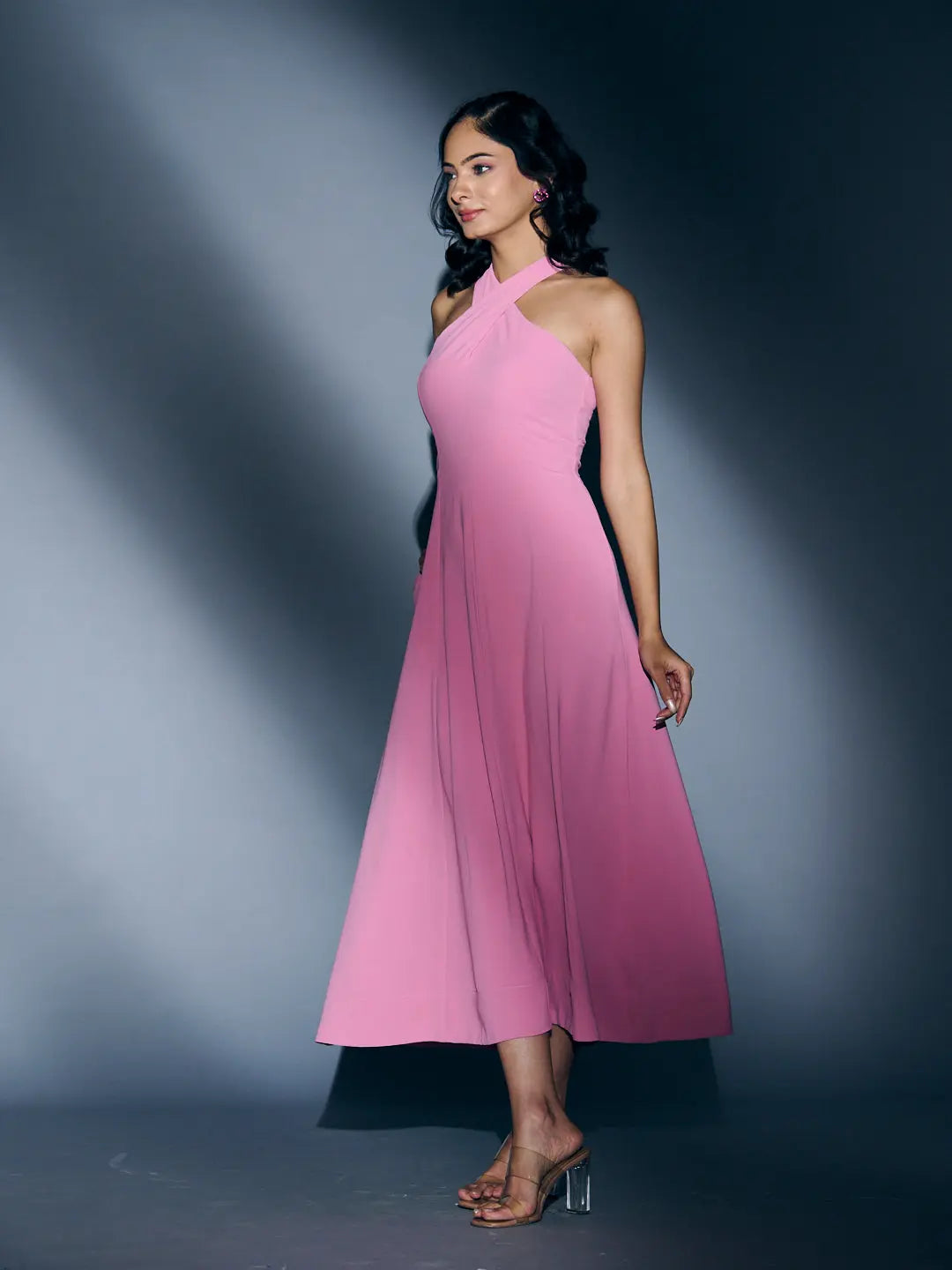 Risate crossneck crepe maxi dress in pink, featuring a sleeveless design and flowing silhouette