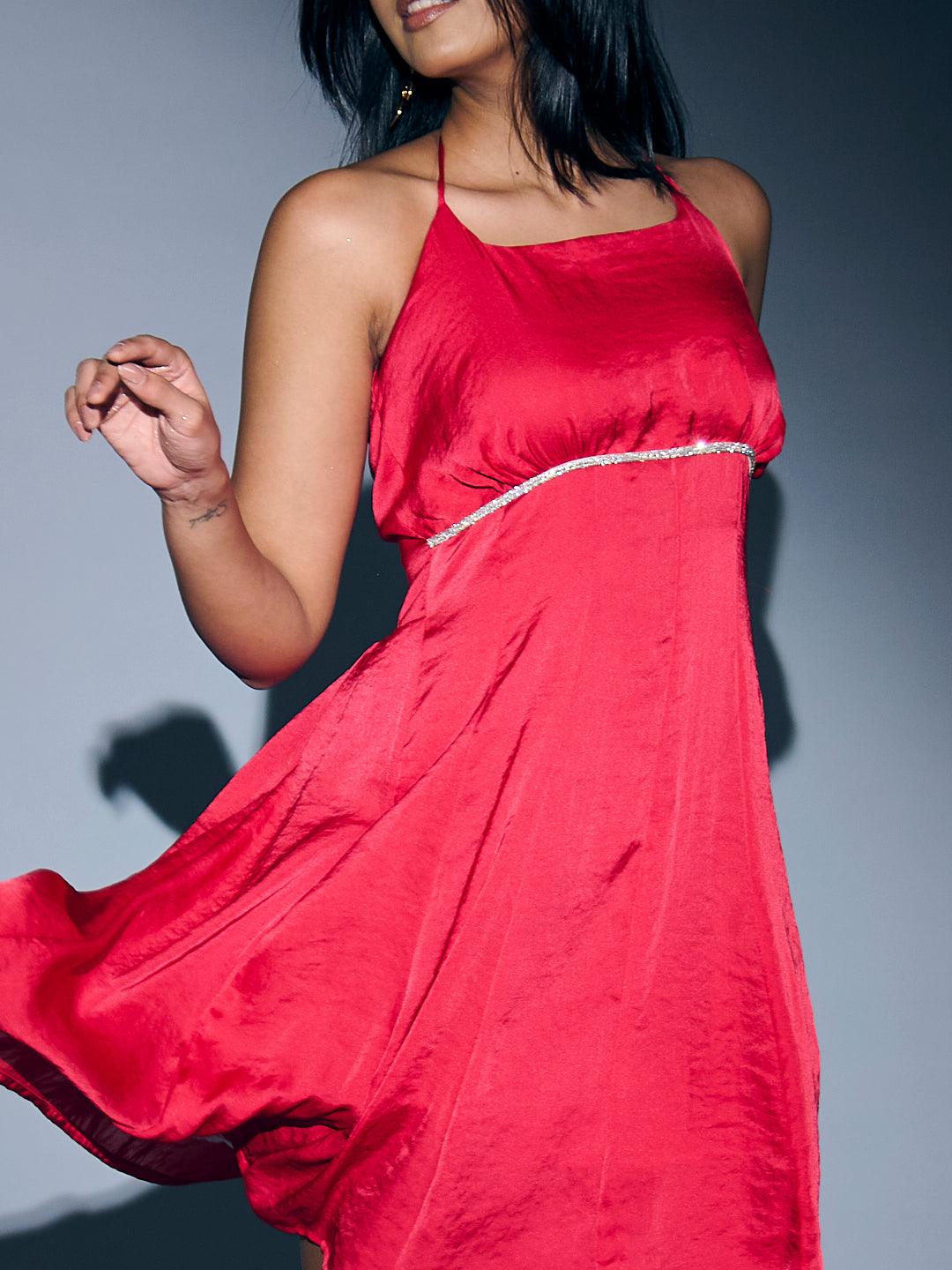 Risate Dainty Day Mini Dress in Bright Red with Flowing Skirt and Strap Design