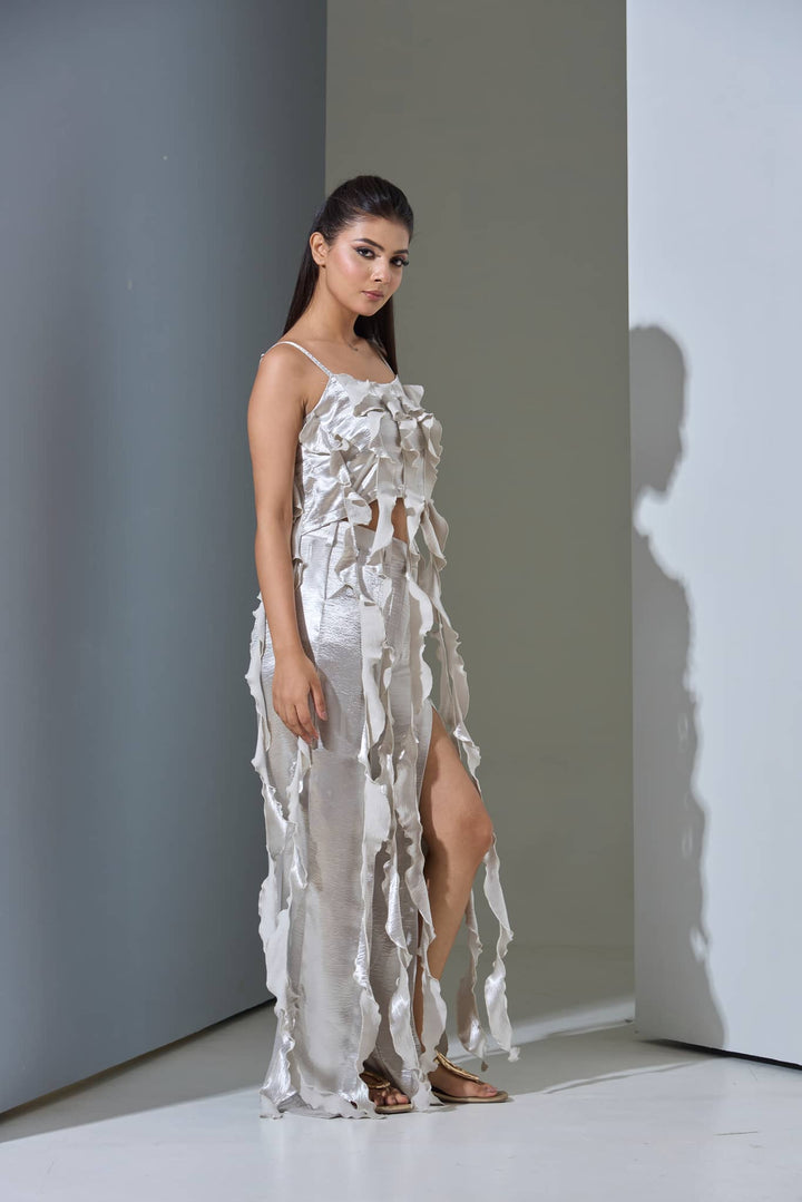 Risate designer women's western wear set in elegant silver with unique ruffle design