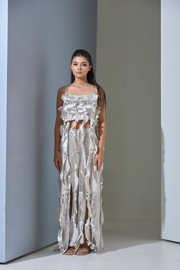 Risate designer women's western wear set with ruffled crop top and matching skirt in light color